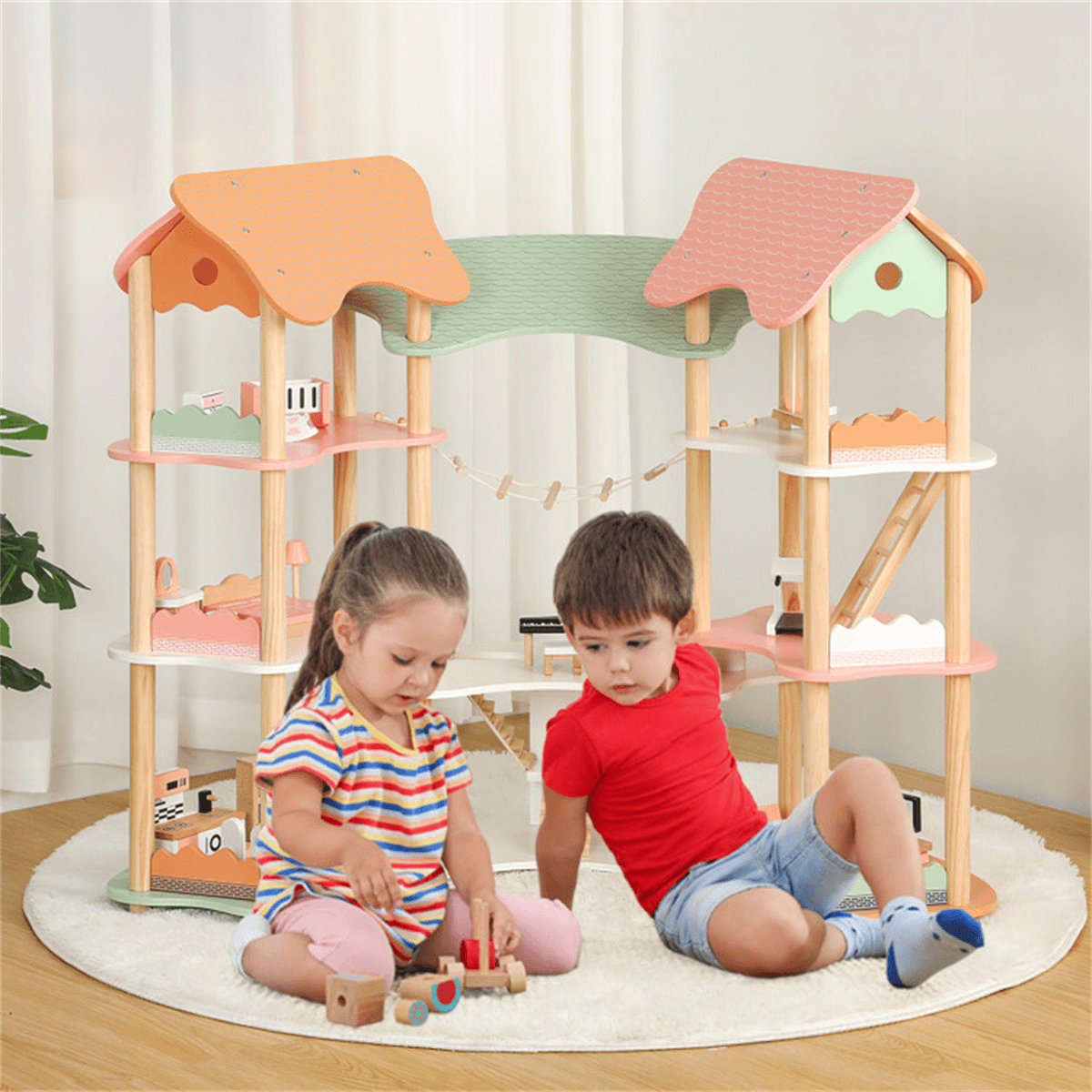image-3-Tier Dollhouse with 7 Rooms & 31 Furniture, Corner MDF+Pine Wood Toy