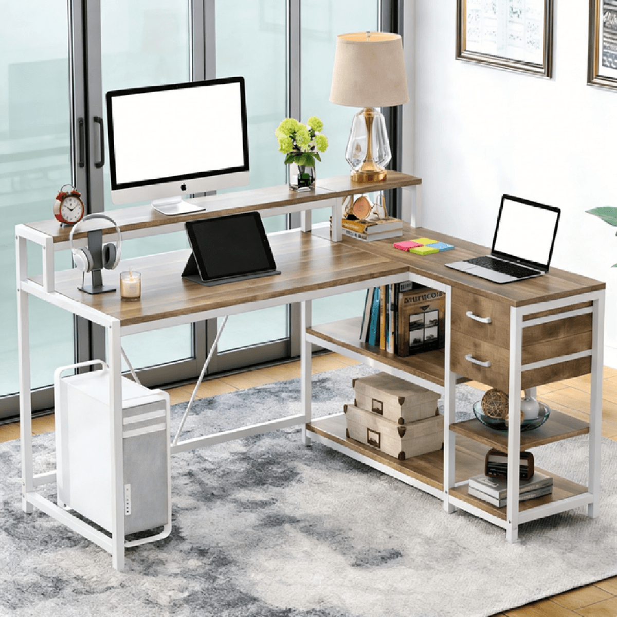 image-Office Desk - L-Shaped, Space-Saving, Ample Storage, Dual Monitor Stand