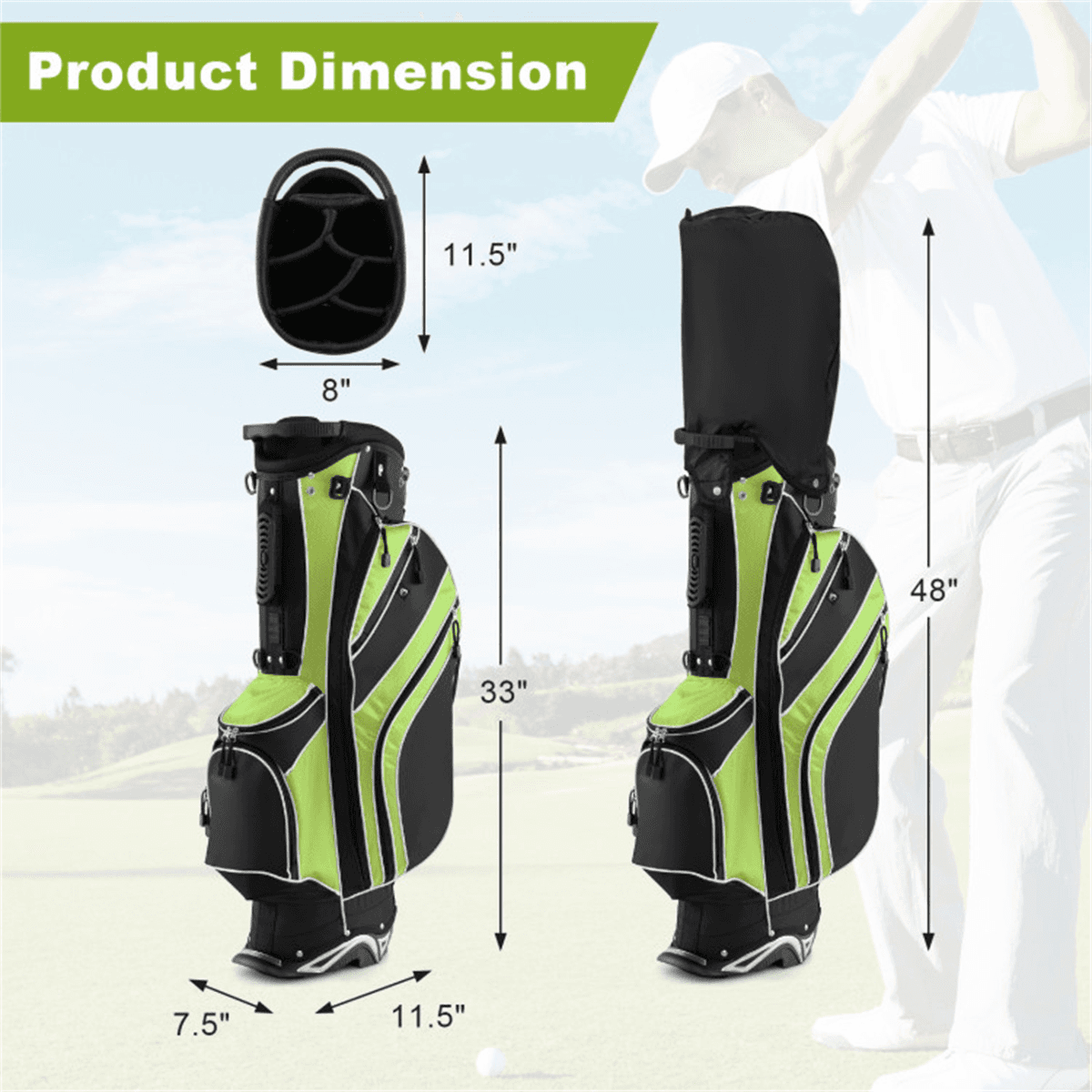 image-Lightweight Golf Stand Bag, Green, Portable Water-Resistant 6lbs