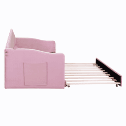 image-Twin Size Velvet Sofabed with USB, No Box Spring Needed, Trundle, Pink (58 characters)