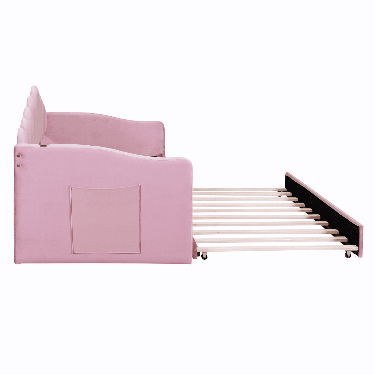 image-Twin Size Velvet Sofabed with USB, No Box Spring Needed, Trundle, Pink (58 characters)