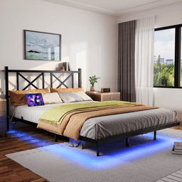 image-Floating Queen Size Bed Frame, Storage Headboard, USB Charging, LED Lights, Black (70 characters)