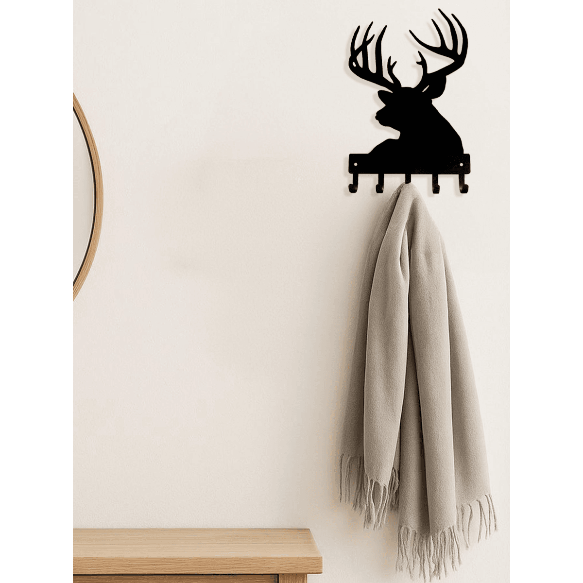 image-Vintage Wall Shelf Coat Rack - Black Iron with Wooden Antelope Hooks