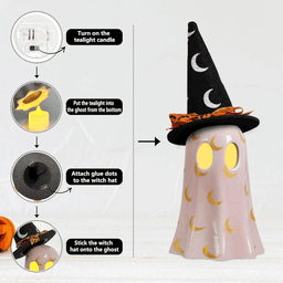 image-Halloween Decor Indoor, Set of 3 Ceramic Ghosts with Witch Hats, Cute Spooky Ghost Figurines for Mantel, Shelf & Tabletop Decor, Halloween Decorations