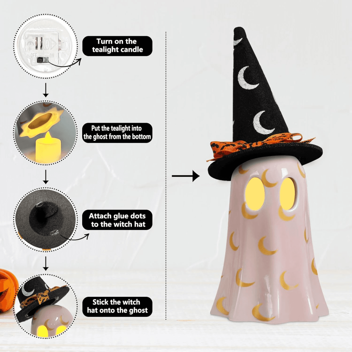 image-Halloween Decor Indoor, Set of 3 Ceramic Ghosts with Witch Hats, Cute Spooky Ghost Figurines for Mantel, Shelf & Tabletop Decor, Halloween Decorations