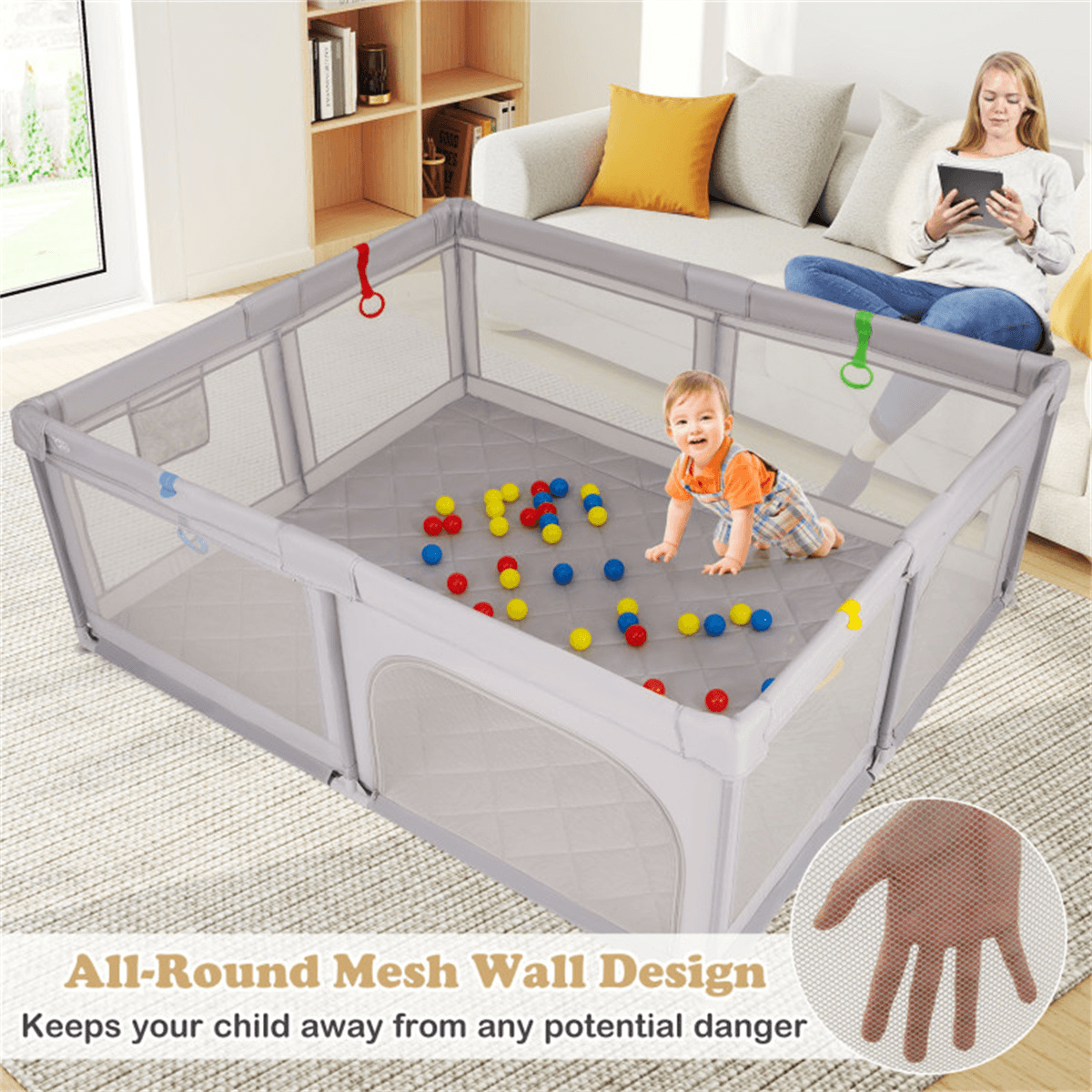 image-Portable Baby Play Yard - Grey, 73"x61.5"x27", Mesh, Carry Bag