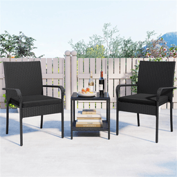 image-3-Piece Black PE Wicker Bistro Set with 2-Tier Side Table - Outdoor Patio Furniture