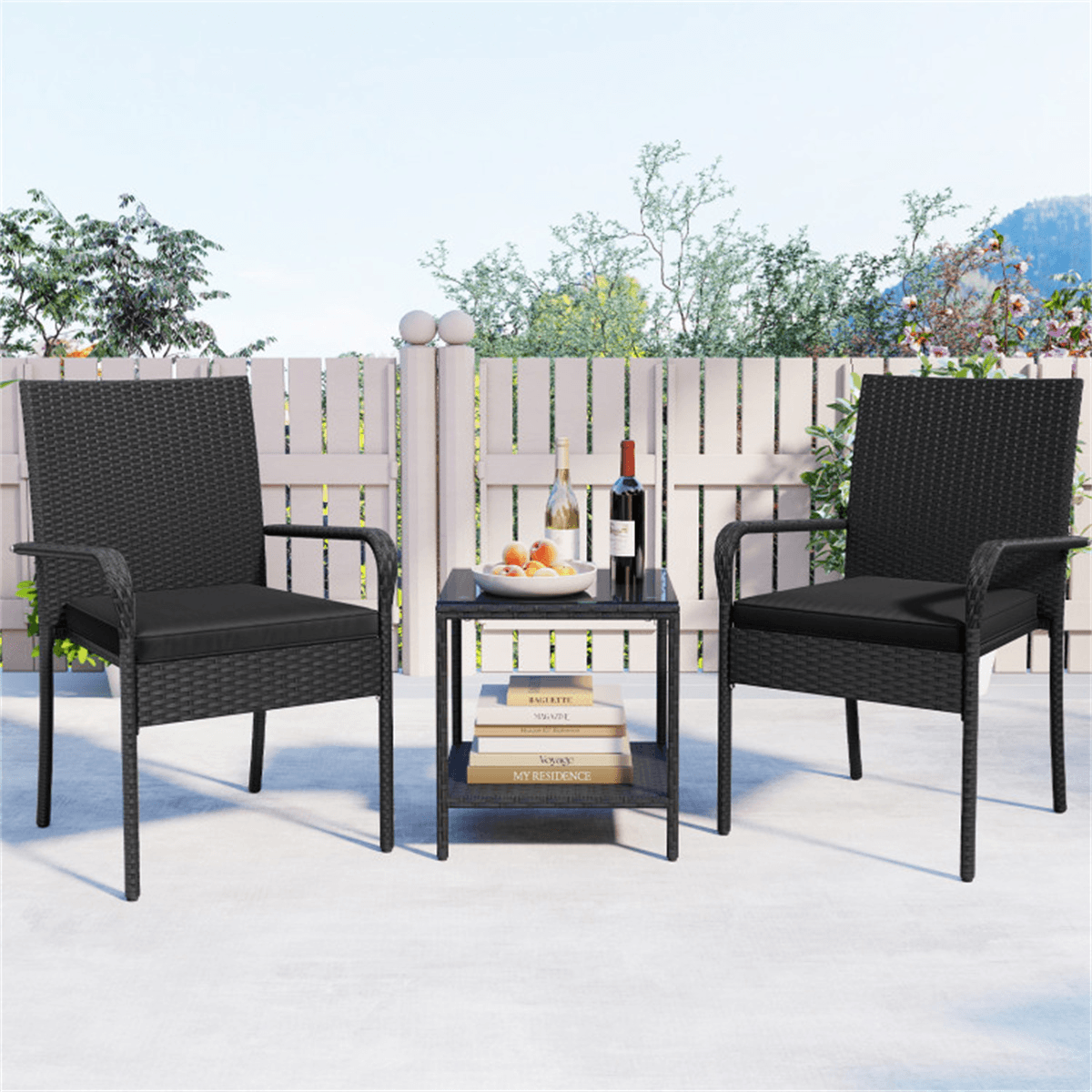 image-3-Piece Black PE Wicker Bistro Set with 2-Tier Side Table - Outdoor Patio Furniture