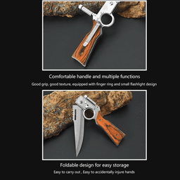 image-Flipper Pocket Knife with Flashlight, 8.5" Stainless Steel, Wooden Handle, Men's Outdoor Tool