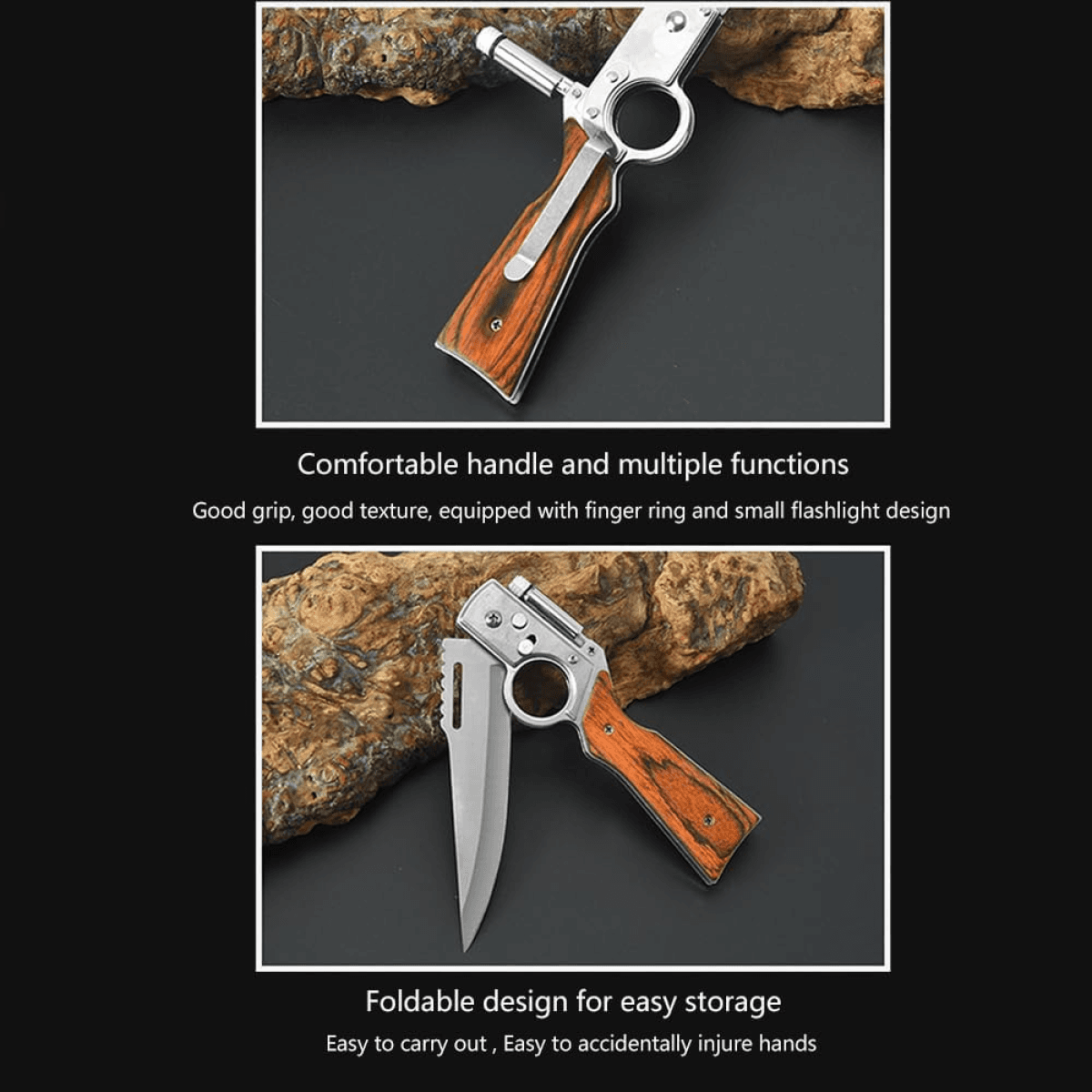 image-Flipper Pocket Knife with Flashlight, 8.5" Stainless Steel, Wooden Handle, Men's Outdoor Tool