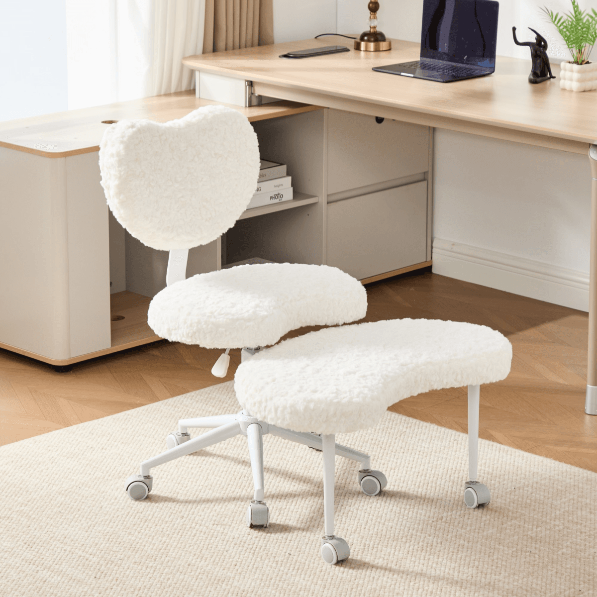 image-Artificial rabbit hair Meditation Chair Plus, Cross Legged Chair with Wheels, ADHD Chair, Criss Cross Desk Chair with Lumbar Support and Adjustable Stool, Flexible Design for Fidgety Sitters, Beige