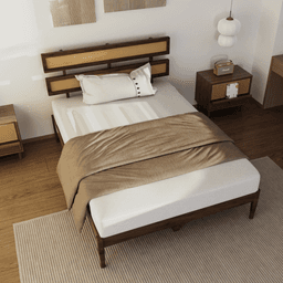 image-Bohemian King Size Bed - Dark Walnut Pine & Rattan Headboard