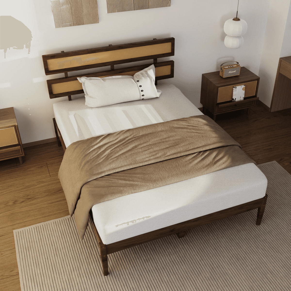 image-Bohemian King Size Bed - Dark Walnut Pine & Rattan Headboard