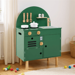 image-Kids Play Kitchen - Green, Interactive Stove & Sink, Ages 3+