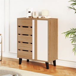 image-Farmhouse Shoe Cabinet - 29.5" Natural+White 4-Tier Adjustable Shelves