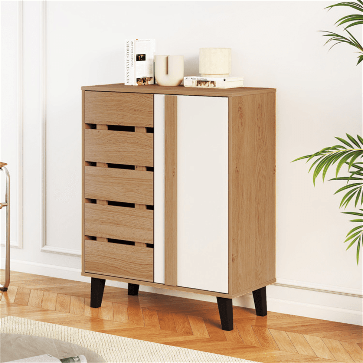 image-Farmhouse Shoe Cabinet - 29.5" Natural+White 4-Tier Adjustable Shelves