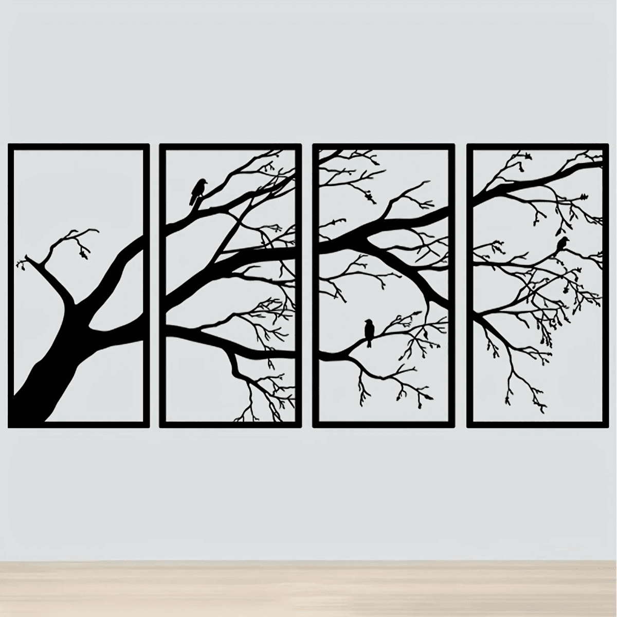 image-Modern Aluminum Four-Piece Bird & Branch Wall Art - Minimalist Home Decor