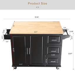 image-Kitchen Island & Cart - Rubber Wood, Big Adjustable Shelf, 54x18x36" Black