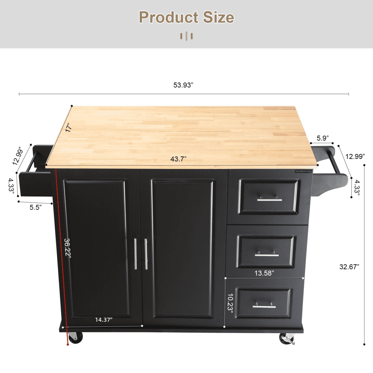 image-Kitchen Island & Cart - Rubber Wood, Big Adjustable Shelf, 54x18x36" Black