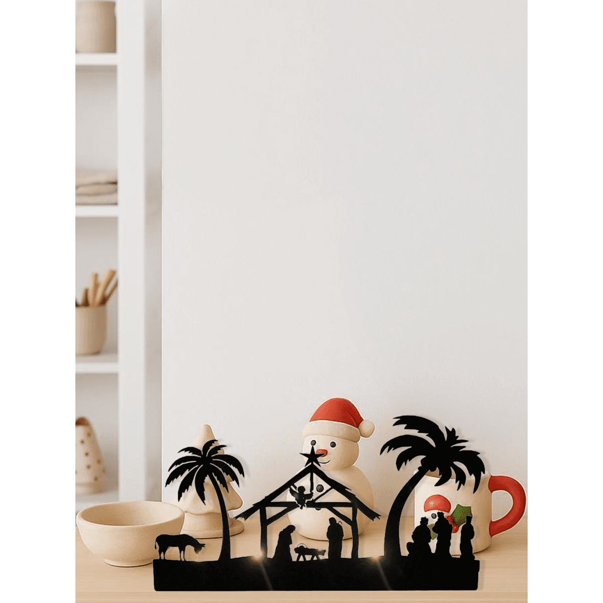 image-Vintage Rustic Iron Nativity Candleholder Set - Christmas Centerpiece