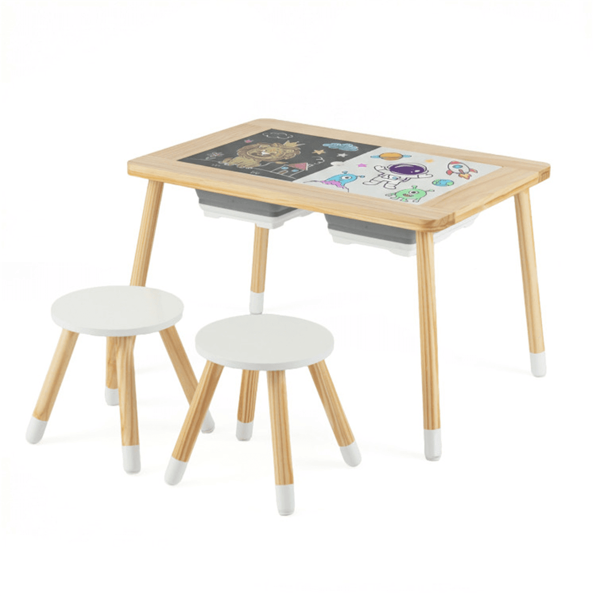 image-Kids Activity Table & Chairs Set, Pine Wood, Foldable Storage Bins, Ages 3+