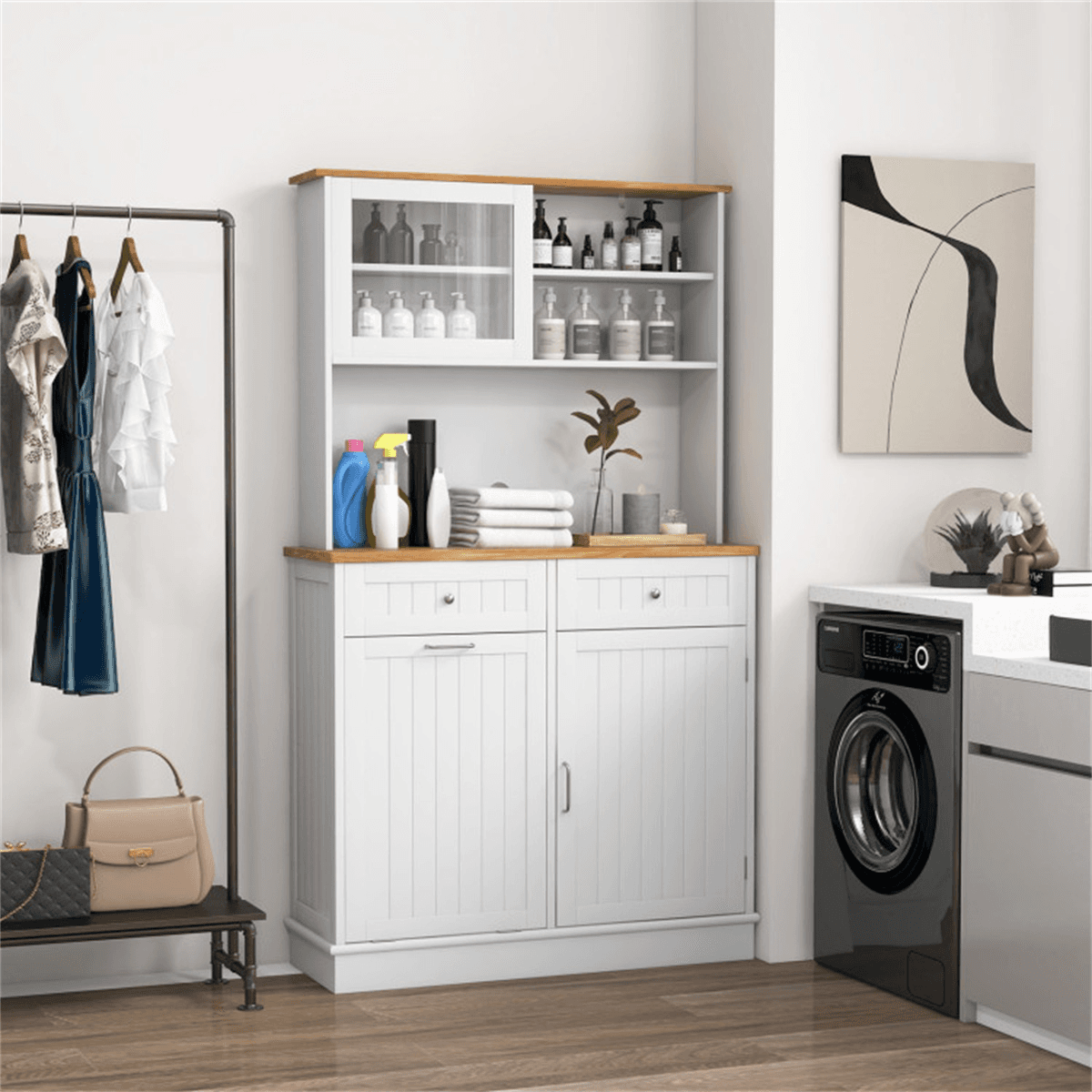image-68" Trash Cabinet with Storage - White & Natural Wood