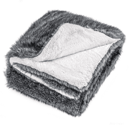 image-Faux Wolf Fur Throw Blanket 60"x80" Gray 740GSM Fleece Lined
