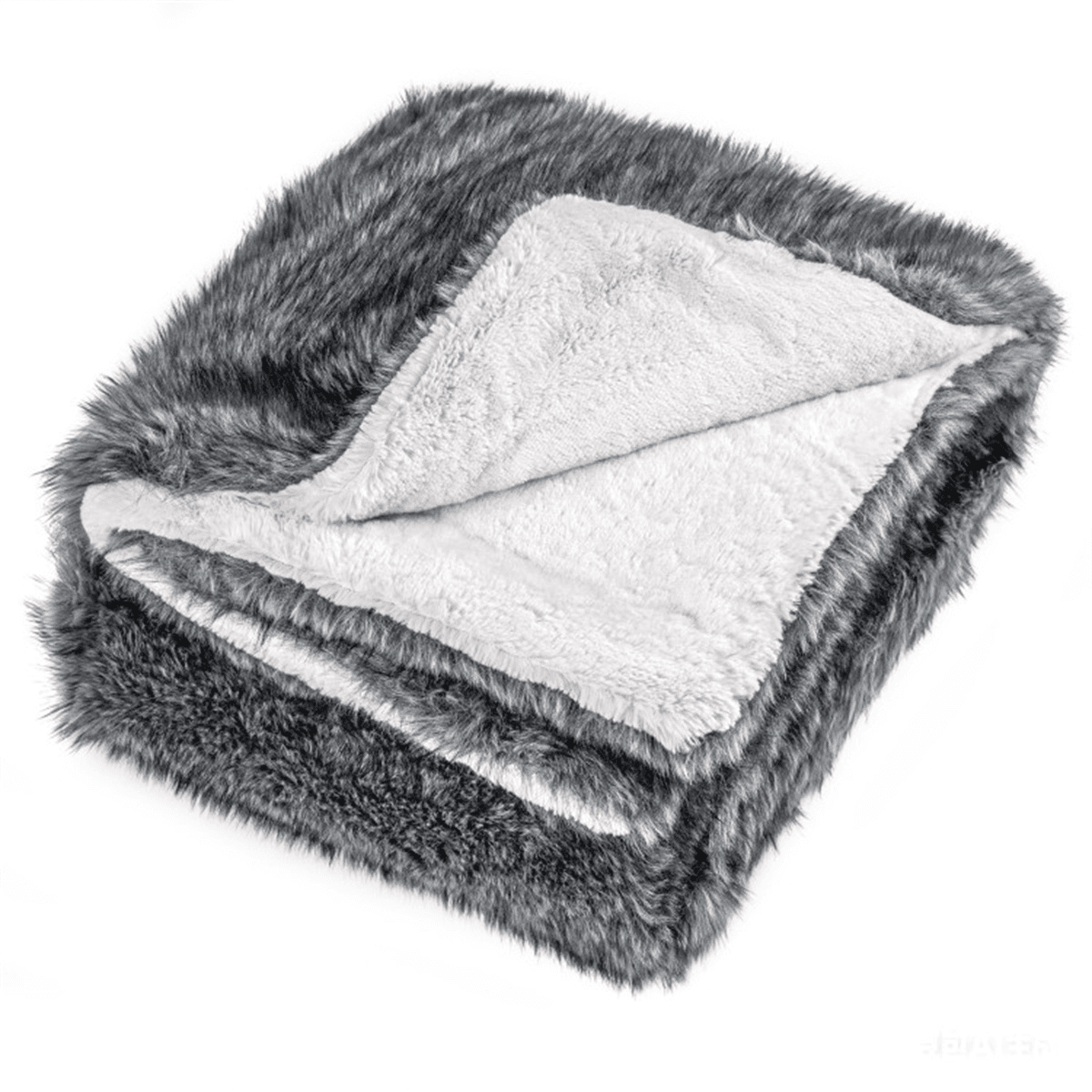 image-Faux Wolf Fur Throw Blanket 60"x80" Gray 740GSM Fleece Lined