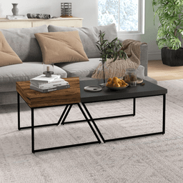 image-HOMCOM Set of 2 Industrial Coffee Tables - Wood Effect & Black