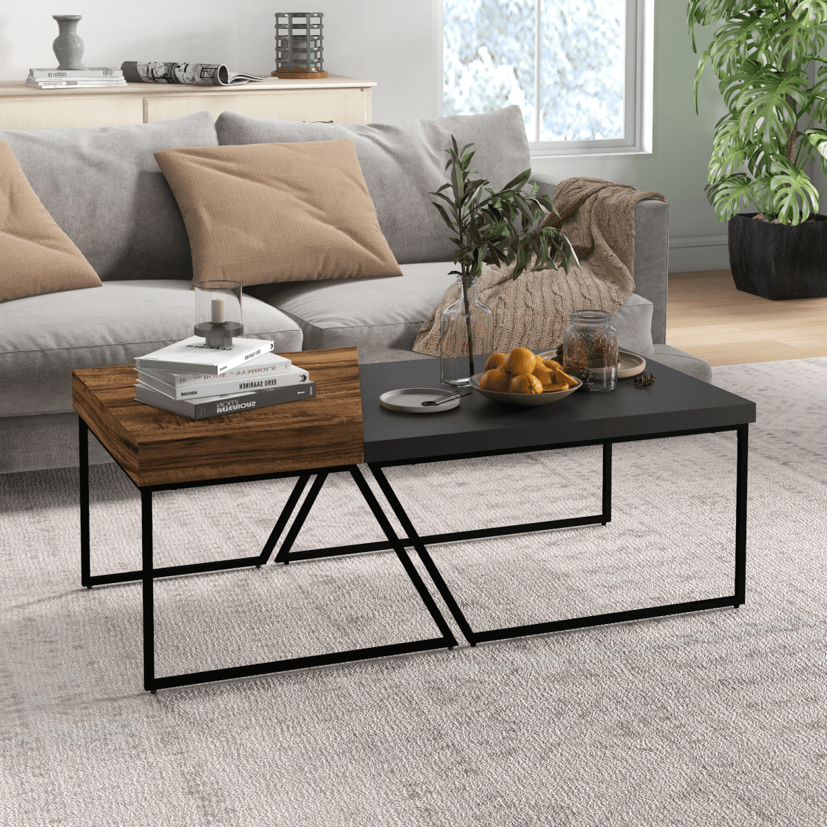 image-HOMCOM Set of 2 Industrial Coffee Tables - Wood Effect & Black