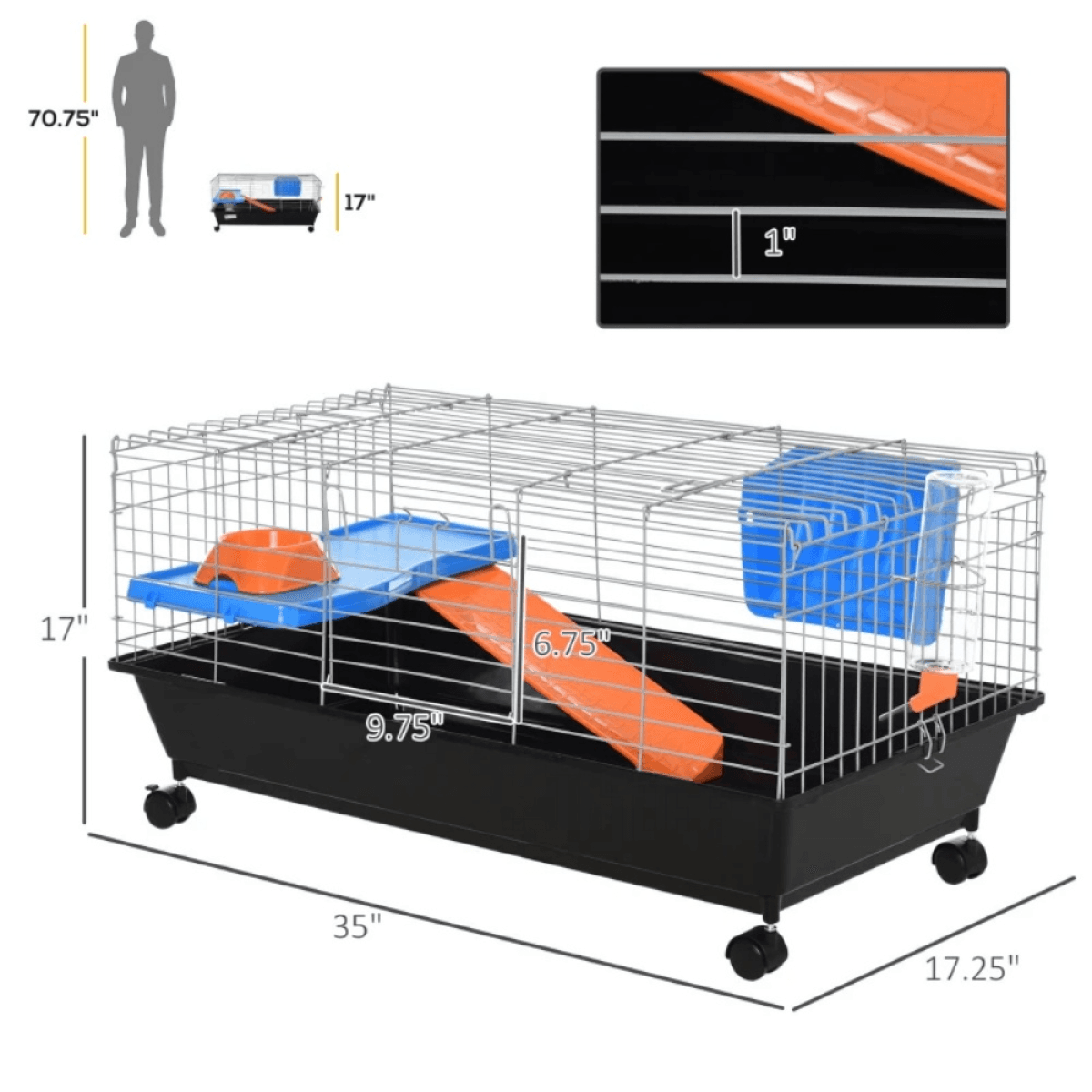 image-Small Animal Cage - Black, 35"L x 17.25"W x 17"H, Steel & Nylon