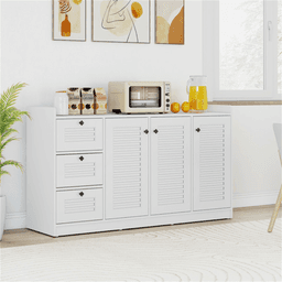 image-White Buffet Sideboard Cabinet, 3 Drawers & 3 Shutter Door Cabinets, Abundant Storage Space