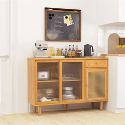image-Natural Bamboo Sideboard Cabinet with Rattan Door, Sliding Door & Pull-Out Drawer, 5-Leg Rubber Wood Base