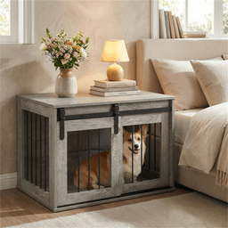image-Dog Crate Furniture with Sliding Barn Door - Gray 31.5"
