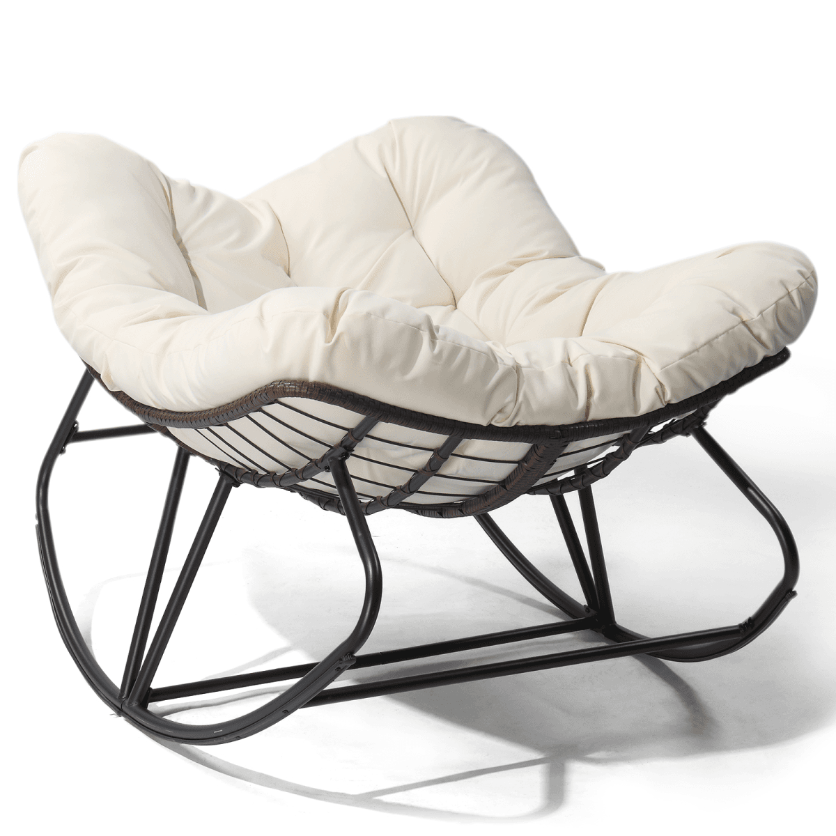 image-Outdoor Rocking Chair, Beige, Oversized Patio Papasan Egg Chair, Indoor/Outdoor Use