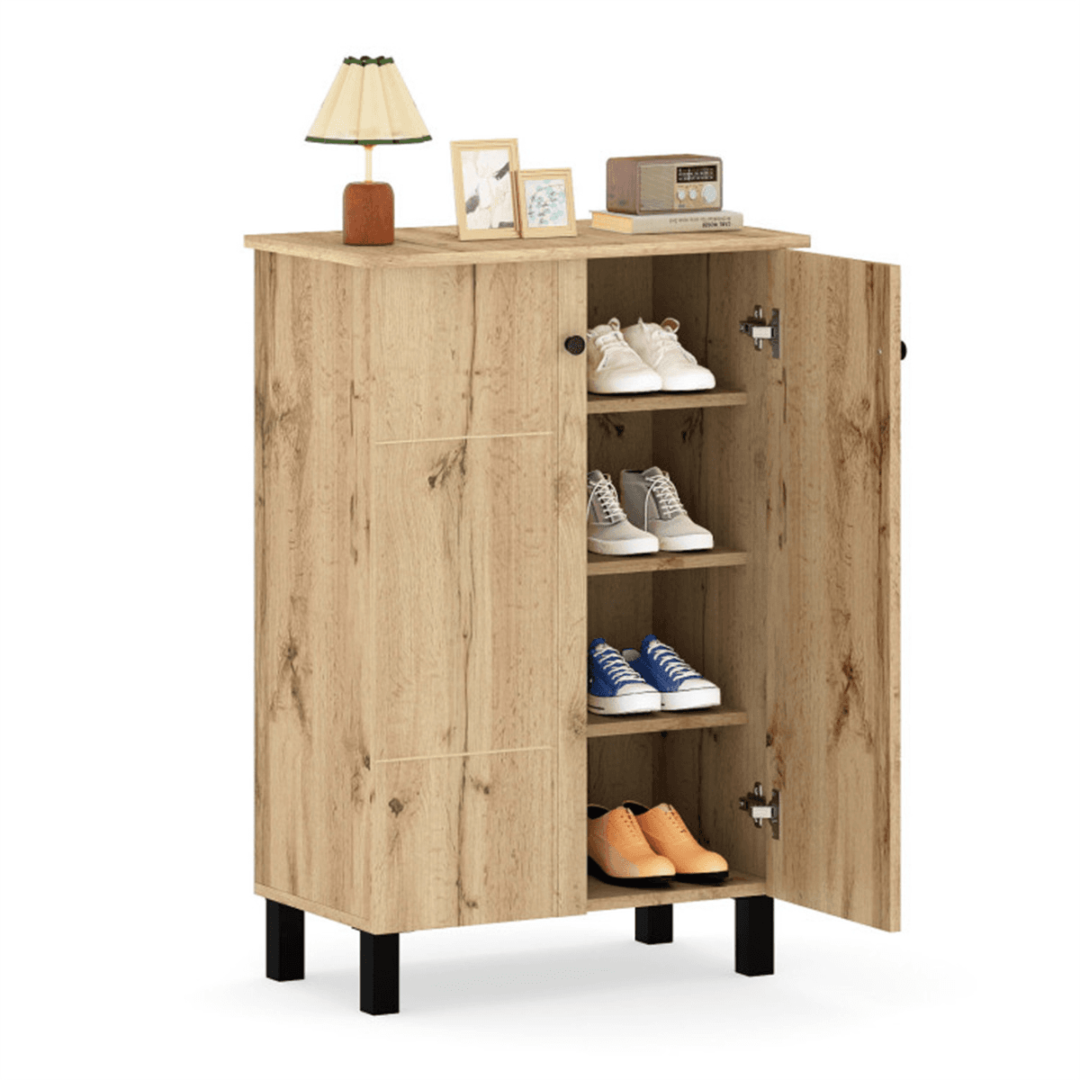 image-Farmhouse Wooden Shoe Organizer, 4-Tier, Anti-Tip, Natural/Black