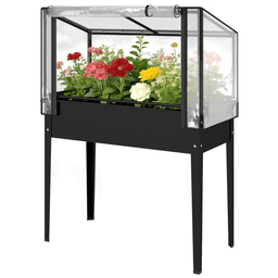 image-Raised Garden Bed with Mini Greenhouse - Black Metal