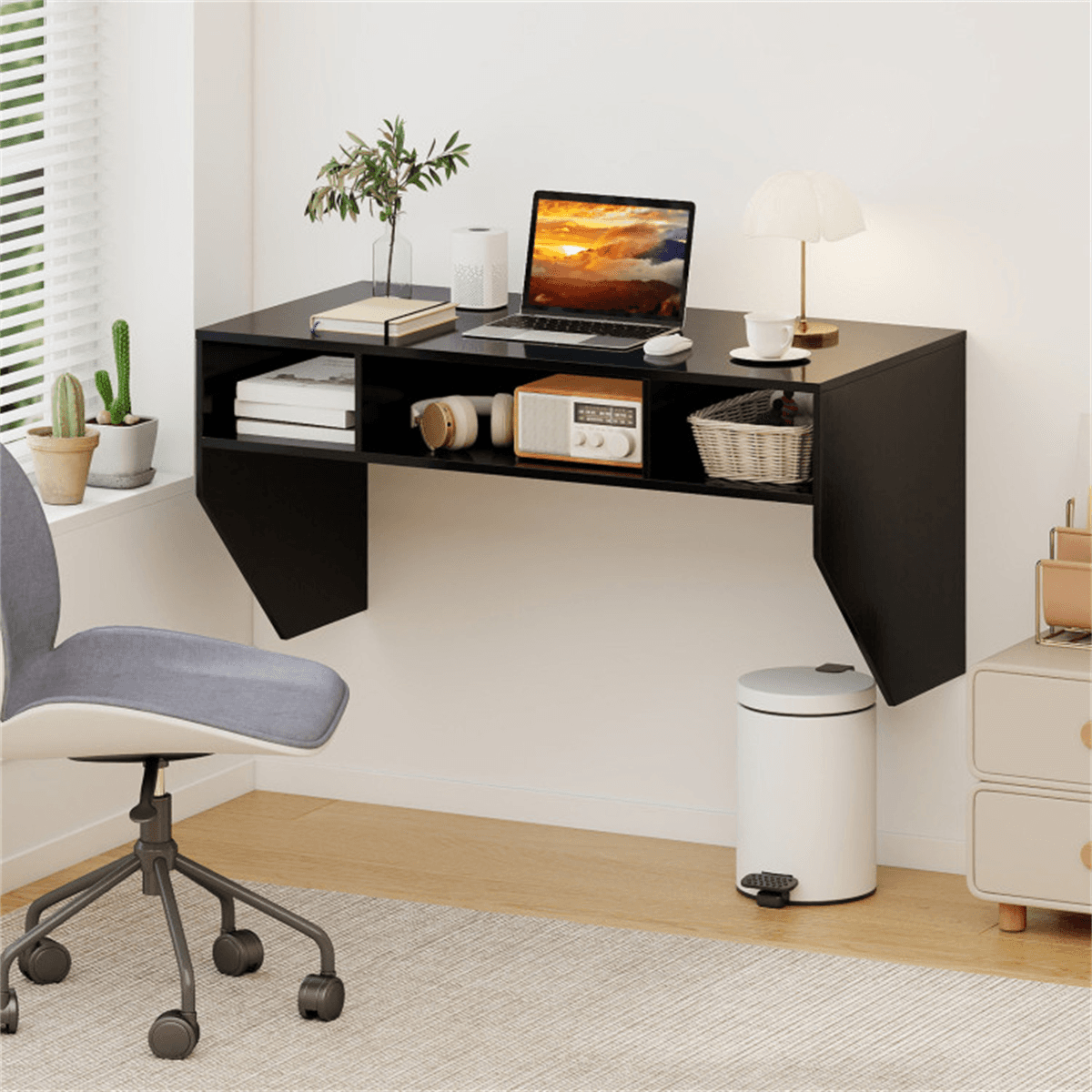 image-Black Wall-Mounted Desk, 3-Cube Storage, Wooden Office Workstation