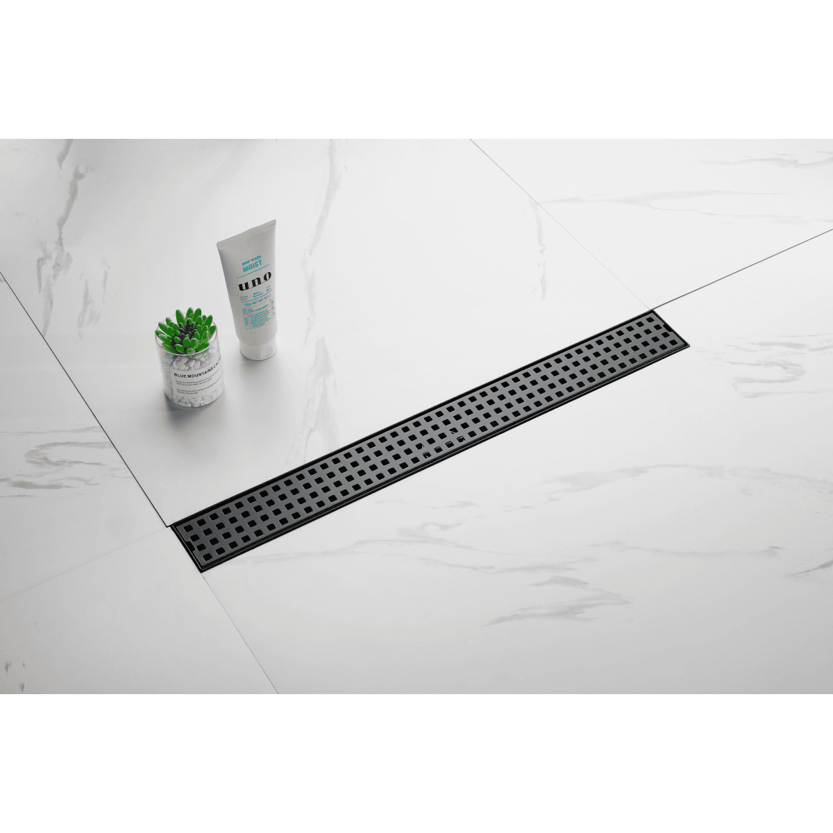 image-Linear Shower Drain 24" 304 Stainless Steel, Black with Grate, Strainer