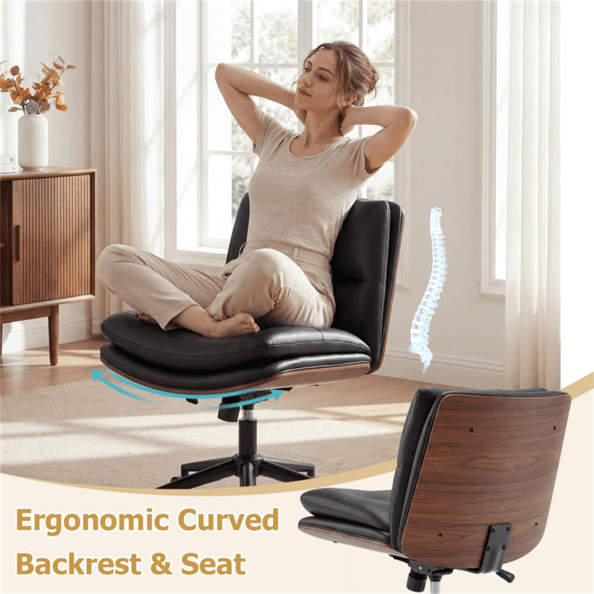 image-Black Armless Office Chair , Curved Backrest & Wide Seat, 360° Swivel & Rocking Function