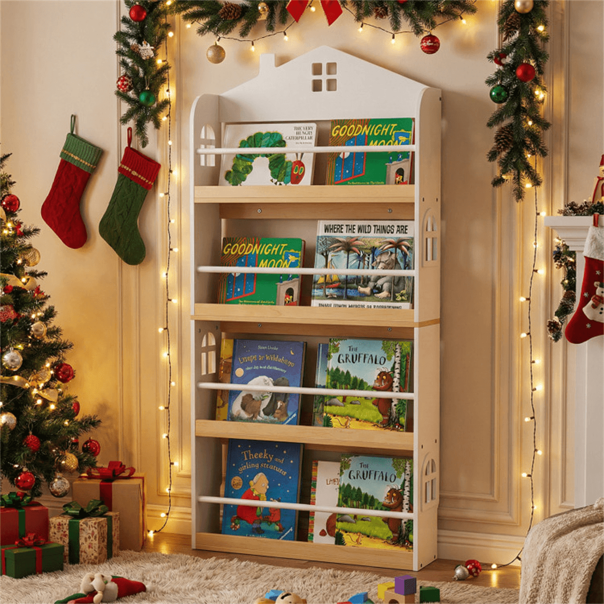 image-4-Tier House Bookshelf for Kids, 24"x6"x51", White & Natural, Anti-Toppling