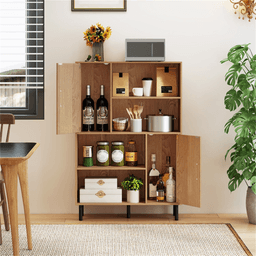 image-4-Tier Open Shelf Cabinet with 2 Doors - Natural, 176 LBS Capacity, Living Room Storage