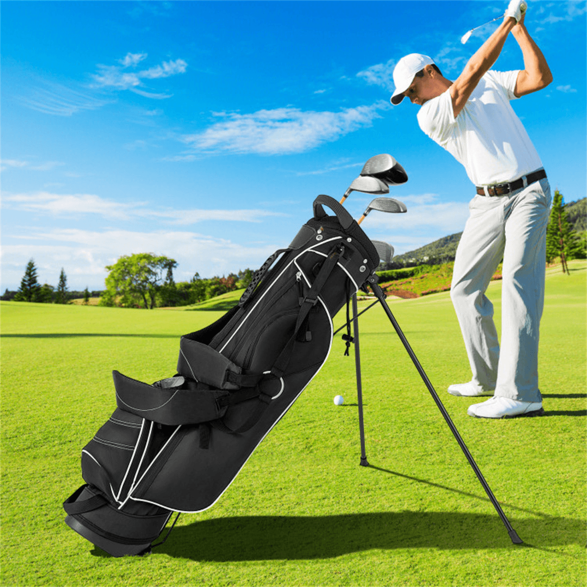 image-Golf Stand Bag - Black 3-Way Dividers Polyester Lightweight Travel Bag