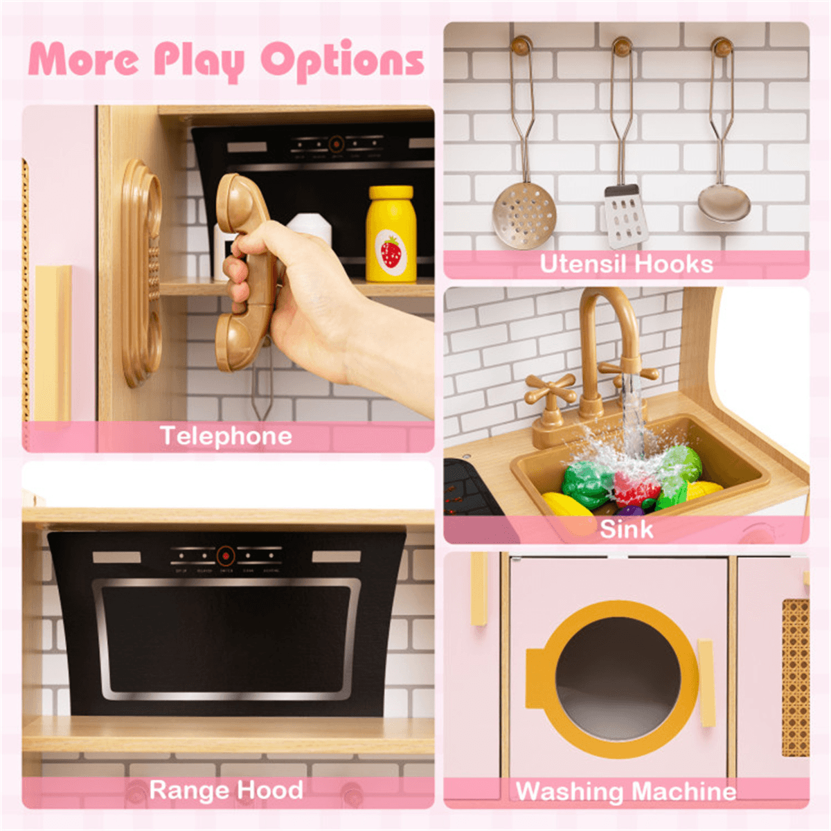 image-Kids Wooden Kitchen Playset with Light Sound - Pink 3+
