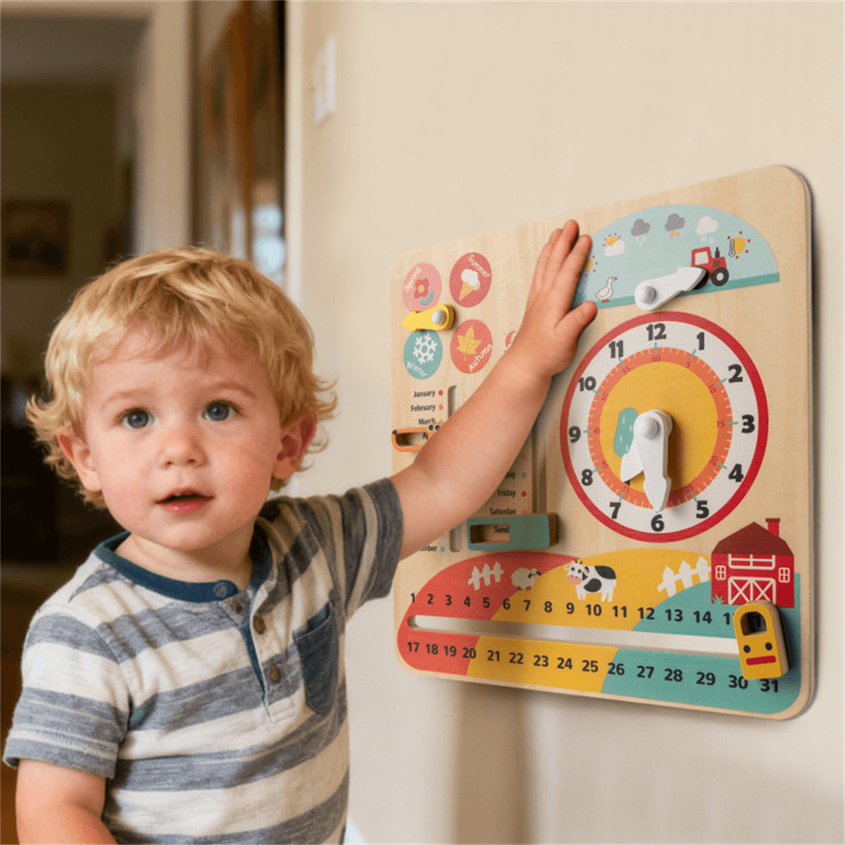 image-Montessori Wooden Clock for Kids 3+, Calendar, Weather, Educational Toy - Multi-Color
