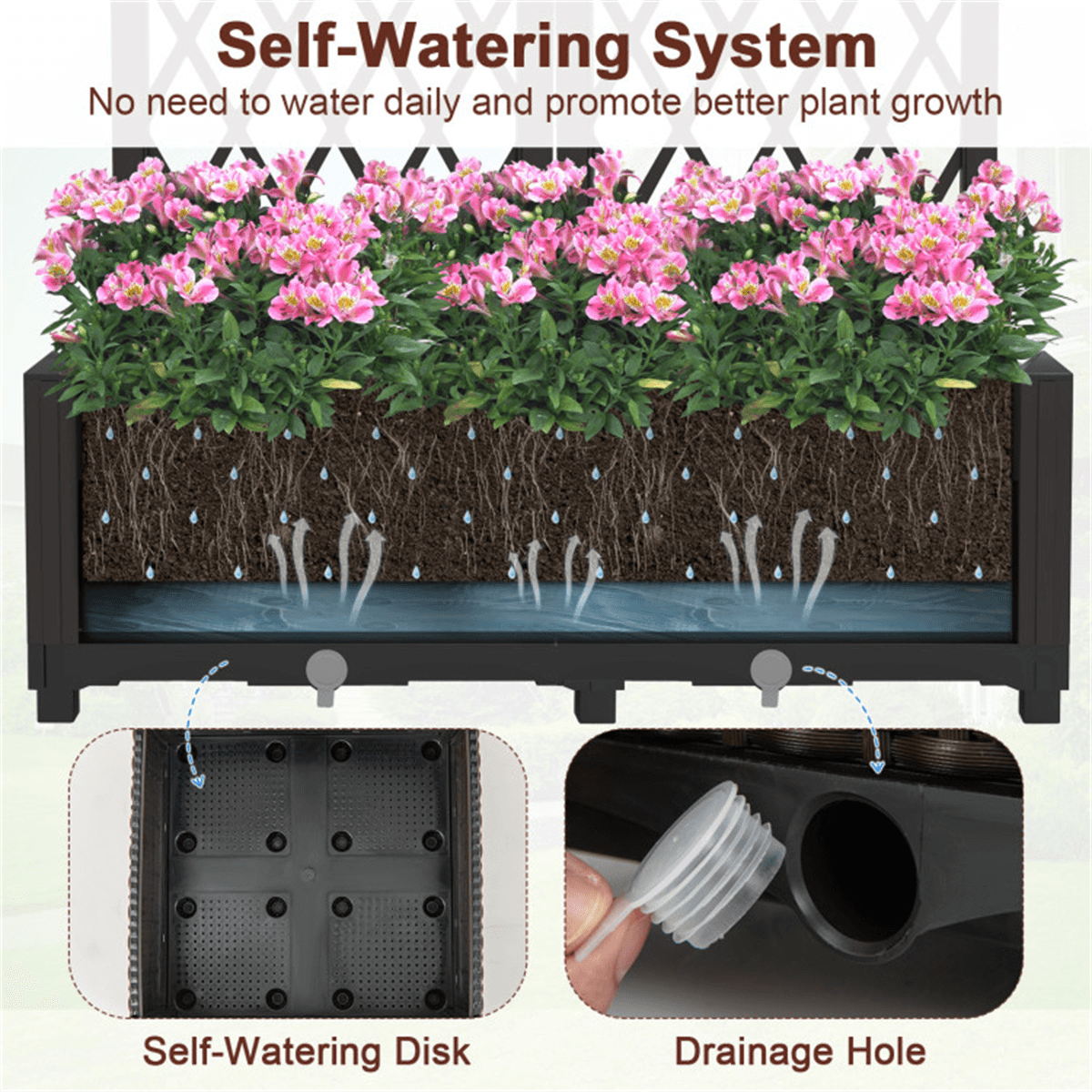 image-Rustic Trellis Planters Set of 2, Garden Boxes for Indoor Outdoor, Self-Watering, Brown