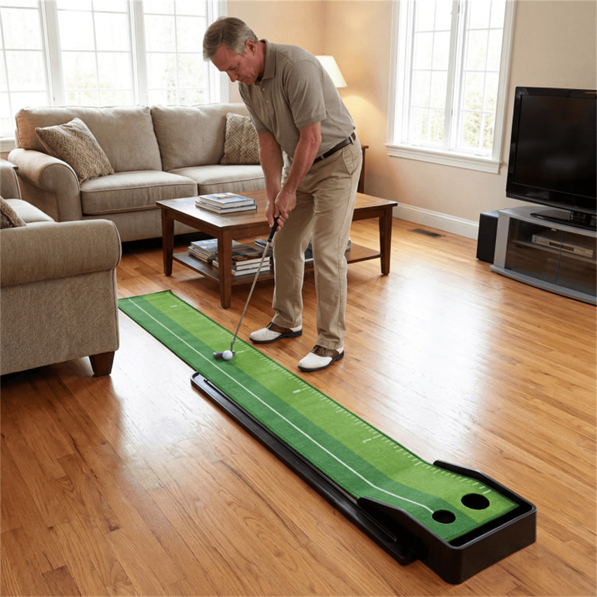 image-Indoor Golf Putting Mat - Ball Return Track 2 Holes 3 Balls