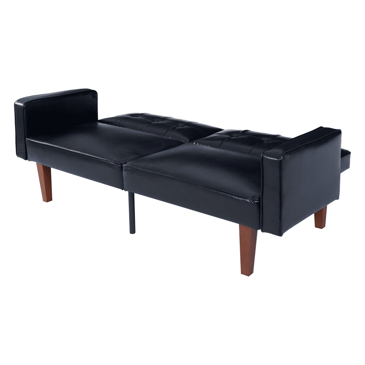 image-Modern PU Leather Futon Sofa with Tufted Backrest, Adjustable Reclining Couch with Wood & Metal Legs, Mid-Century Style Sofa for Living Room