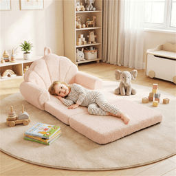 image-2-in-1 Kids Sofa Lounger, Teddy Fleece Couch for Ages 3+ Beige Carry Handle (70 characters)