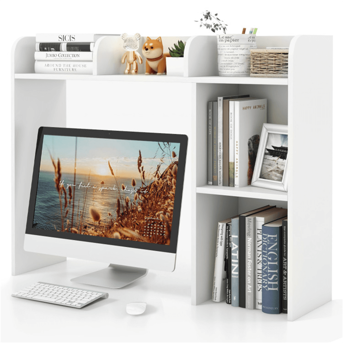image-White Engineered Bookshelf for 27'' Monitor, 94x25x74cm Wood Desk Hutch 100lbs Capacity